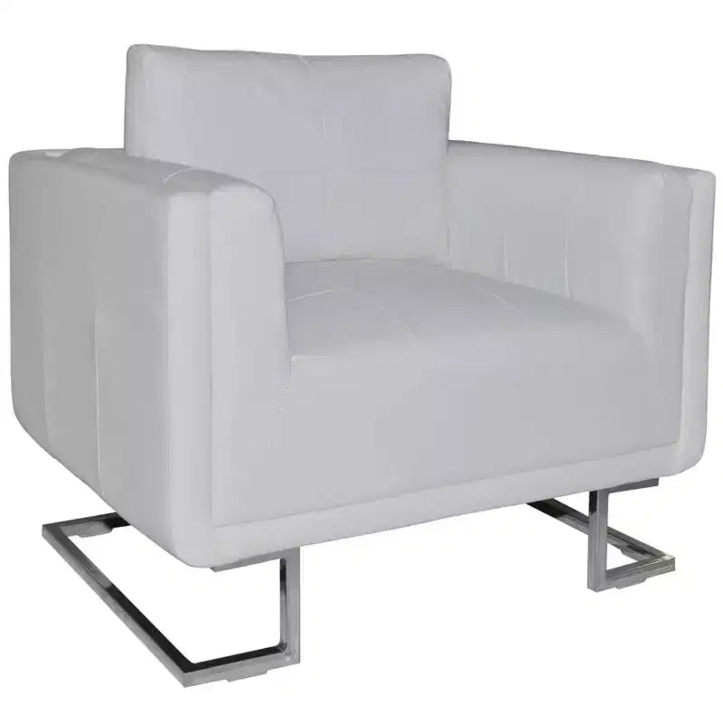 vidaXL Scandinavian-Modern Cube Armchair, White Leather Upholstered, Solid Wooden Frame with Chrome Feet - White