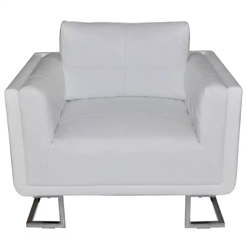 Fauteuil Cubique XL Scandinave Moderne, Cuir Blanc Capitonné, Structure en Bois Massif avec Pieds Chromés - Blanc