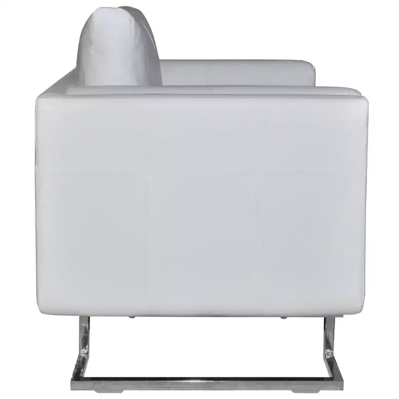 Fauteuil Cubique XL Scandinave Moderne, Cuir Blanc Capitonné, Structure en Bois Massif avec Pieds Chromés - Blanc