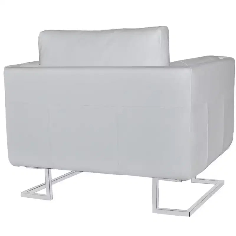 Fauteuil Cubique XL Scandinave Moderne, Cuir Blanc Capitonné, Structure en Bois Massif avec Pieds Chromés - Blanc