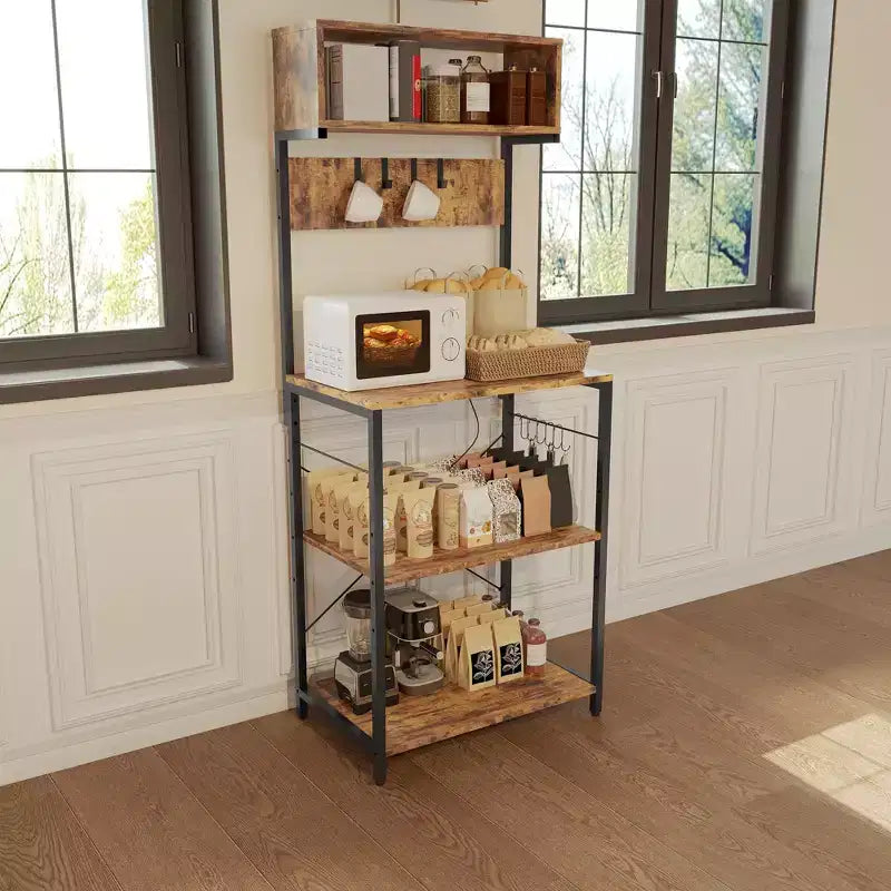 Étagère de boulanger avec prise de courant, petite desserte de café, support de micro-ondes avec 10 crochets, étagère de rangement de cuisine à 4 niveaux