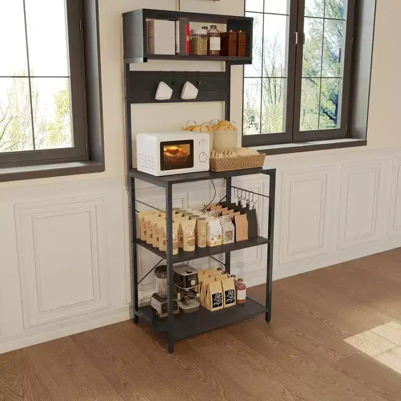 Étagère de boulanger avec prise de courant, petite desserte de café, support de micro-ondes avec 10 crochets, étagère de rangement de cuisine à 4 niveaux