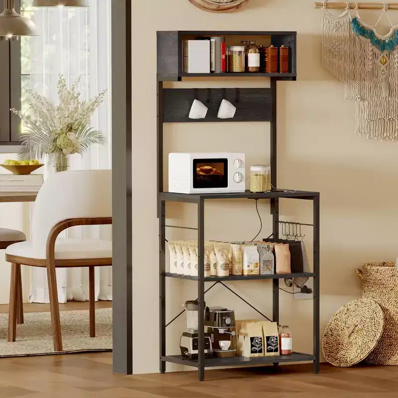 GustoWave Bakers Rack With Power Outlet,Small Coffee Bar Cart,Microwave Stand With 10 Hooks,4 Tiers Kitchen Storage Shelf Rack