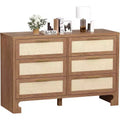 Oak Rattan 6-Drawer Dresser with Gold Handles and 5 Sturdy Legs, Farmhouse Style for Bedroom, Living Room & Entryway