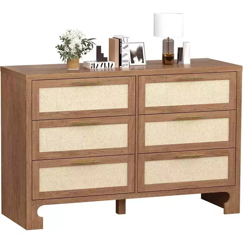 Oak Rattan 6-Drawer Dresser with Gold Handles and 5 Sturdy Legs, Farmhouse Style for Bedroom, Living Room & Entryway