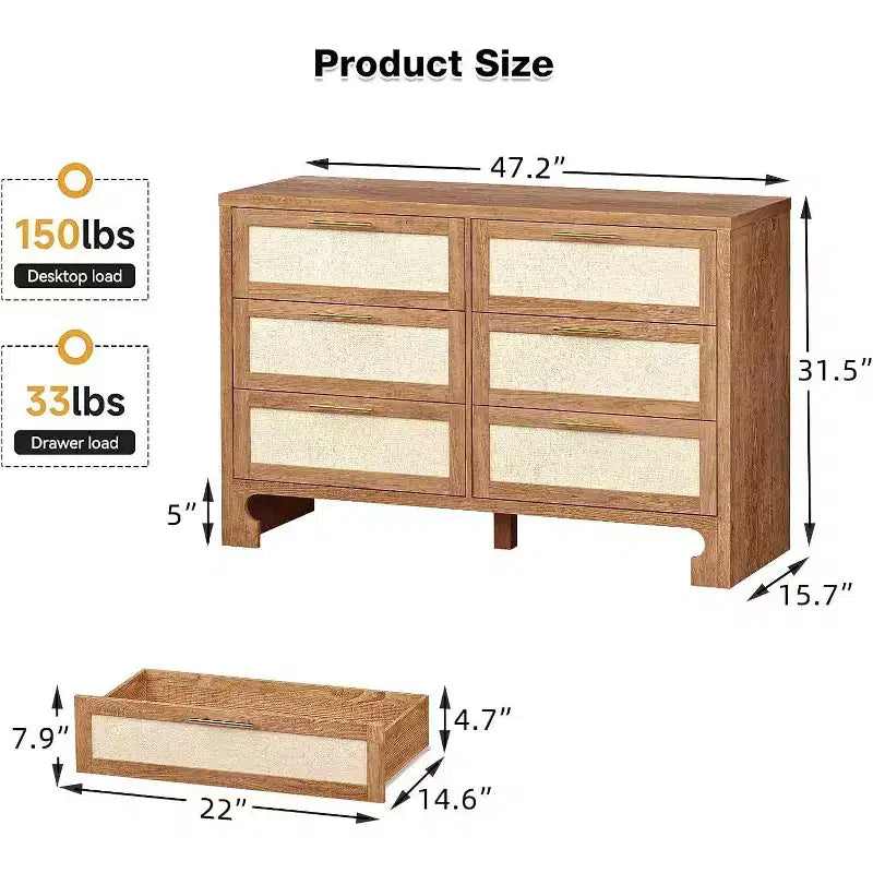 Commode 6 tiroirs en rotin et chêne avec poignées dorées et 5 pieds robustes, style ferme pour chambre à coucher, salon et entrée