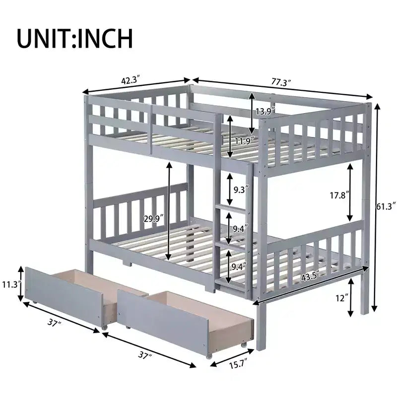 Lit superposé double en bois d'hévéa avec tiroirs, mezzanine avec échelle et garde-corps de sécurité pour adolescents, convertible en 2 lits simples