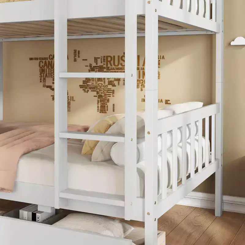 Lit superposé double en bois d'hévéa avec tiroirs, mezzanine avec échelle et garde-corps de sécurité pour adolescents, convertible en 2 lits simples