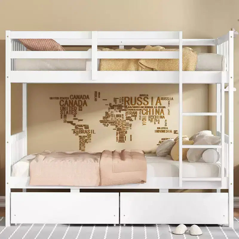 Lit superposé double en bois d'hévéa avec tiroirs, mezzanine avec échelle et garde-corps de sécurité pour adolescents, convertible en 2 lits simples