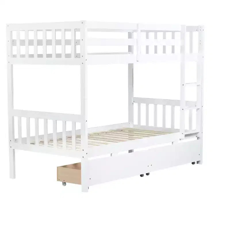Lit superposé double en bois d'hévéa avec tiroirs, mezzanine avec échelle et garde-corps de sécurité pour adolescents, convertible en 2 lits simples