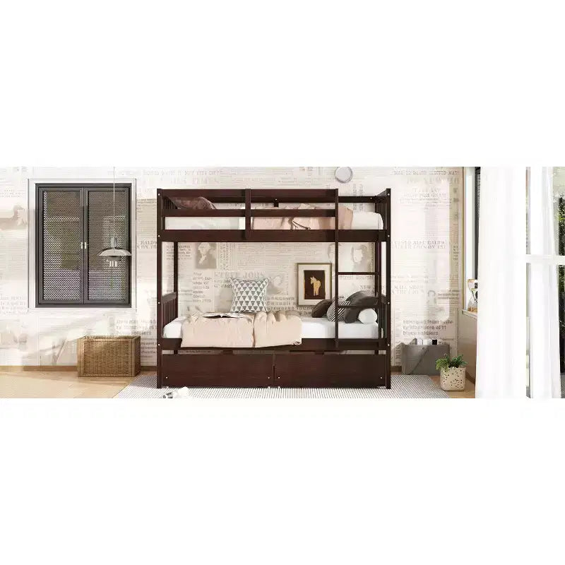 Lit superposé double en bois d'hévéa avec tiroirs, mezzanine avec échelle et garde-corps de sécurité pour adolescents, convertible en 2 lits simples