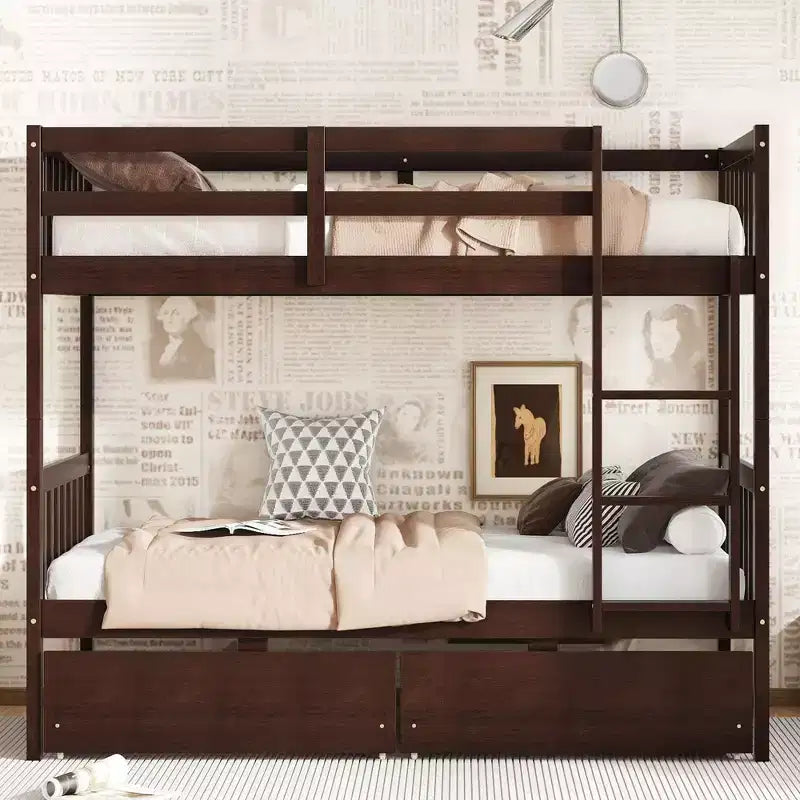 Lit superposé double en bois d'hévéa avec tiroirs, mezzanine avec échelle et garde-corps de sécurité pour adolescents, convertible en 2 lits simples