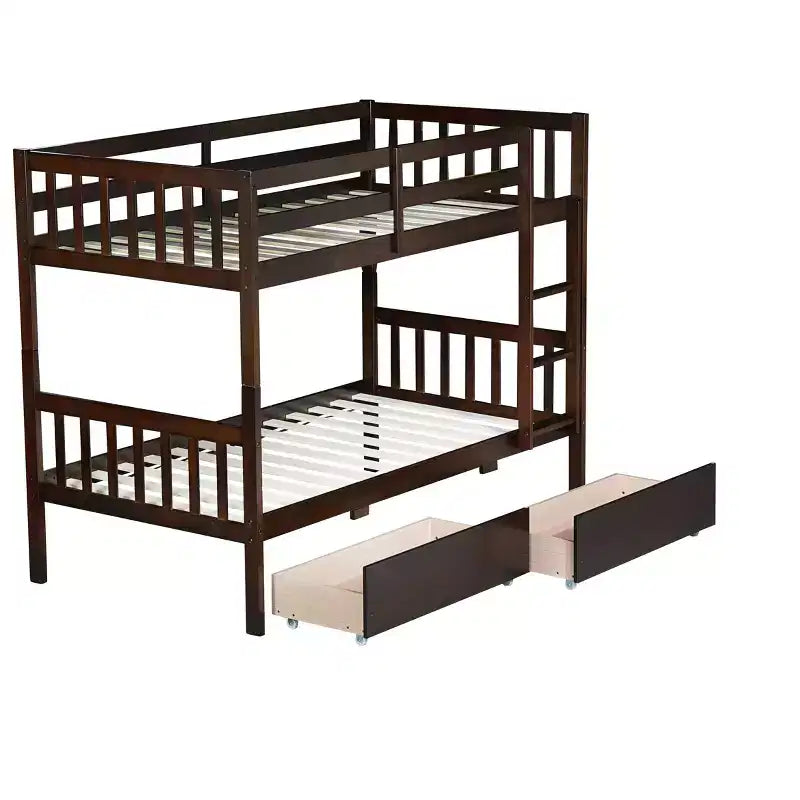 Lit superposé double en bois d'hévéa avec tiroirs, mezzanine avec échelle et garde-corps de sécurité pour adolescents, convertible en 2 lits simples