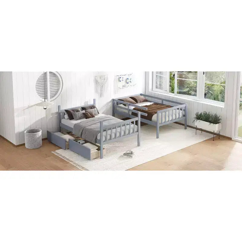 Lit superposé double en bois d'hévéa avec tiroirs, mezzanine avec échelle et garde-corps de sécurité pour adolescents, convertible en 2 lits simples