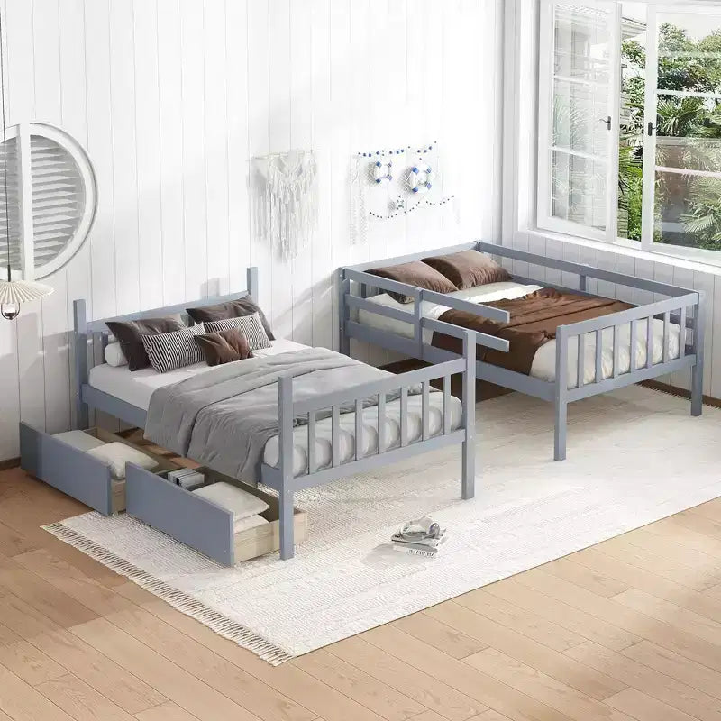 Lit superposé double en bois d'hévéa avec tiroirs, mezzanine avec échelle et garde-corps de sécurité pour adolescents, convertible en 2 lits simples