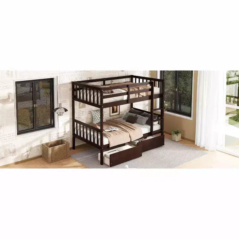 Lit superposé double en bois d'hévéa avec tiroirs, mezzanine avec échelle et garde-corps de sécurité pour adolescents, convertible en 2 lits simples