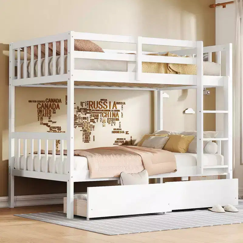 Lit superposé double en bois d'hévéa avec tiroirs, mezzanine avec échelle et garde-corps de sécurité pour adolescents, convertible en 2 lits simples