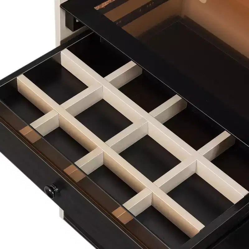 Meuble de rangement pour bijoux et maquillage à LED Bluetooth avec contrôle par application, buffet en verre trempé et coins arrondis sécurisés pour enfants, coiffeuse tactile à distance pour chambre à coucher