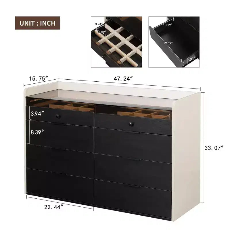 Meuble de rangement pour bijoux et maquillage à LED Bluetooth avec contrôle par application, buffet en verre trempé et coins arrondis sécurisés pour enfants, coiffeuse tactile à distance pour chambre à coucher