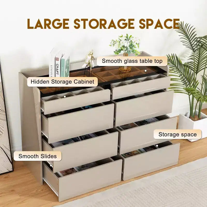 Meuble de rangement pour bijoux et maquillage à LED Bluetooth avec contrôle par application, buffet en verre trempé et coins arrondis sécurisés pour enfants, coiffeuse tactile à distance pour chambre à coucher