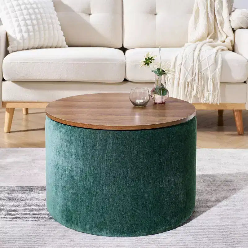 Banc Ottoman de Rangement Rond en Chenille 2 pièces, Table Basse avec Plateau, Petit Tabouret Repose-Pieds en Forme de Tambour pour Salon et Chambre