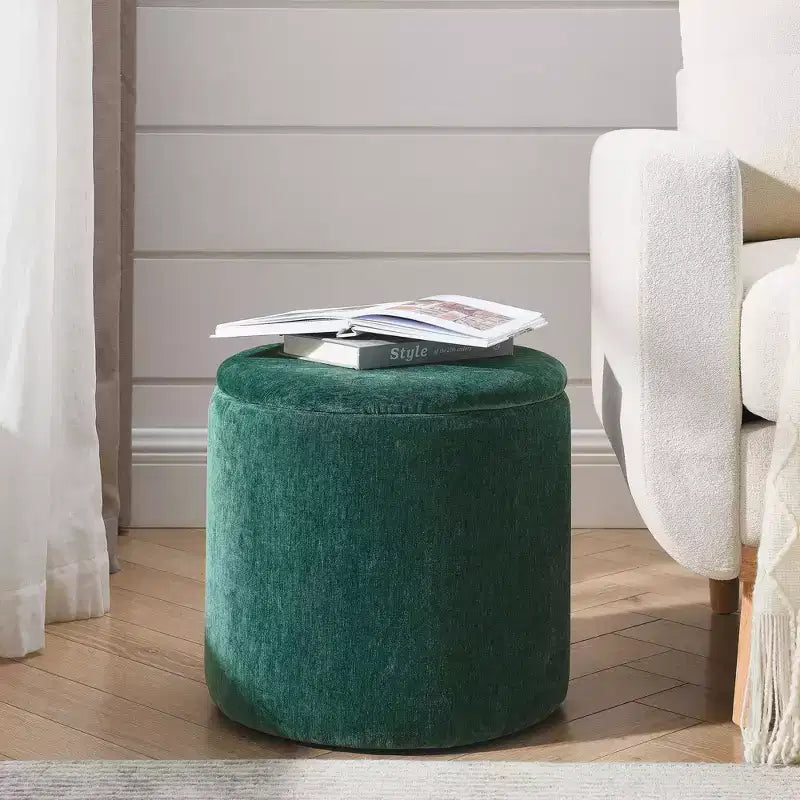 Banc Ottoman de Rangement Rond en Chenille 2 pièces, Table Basse avec Plateau, Petit Tabouret Repose-Pieds en Forme de Tambour pour Salon et Chambre