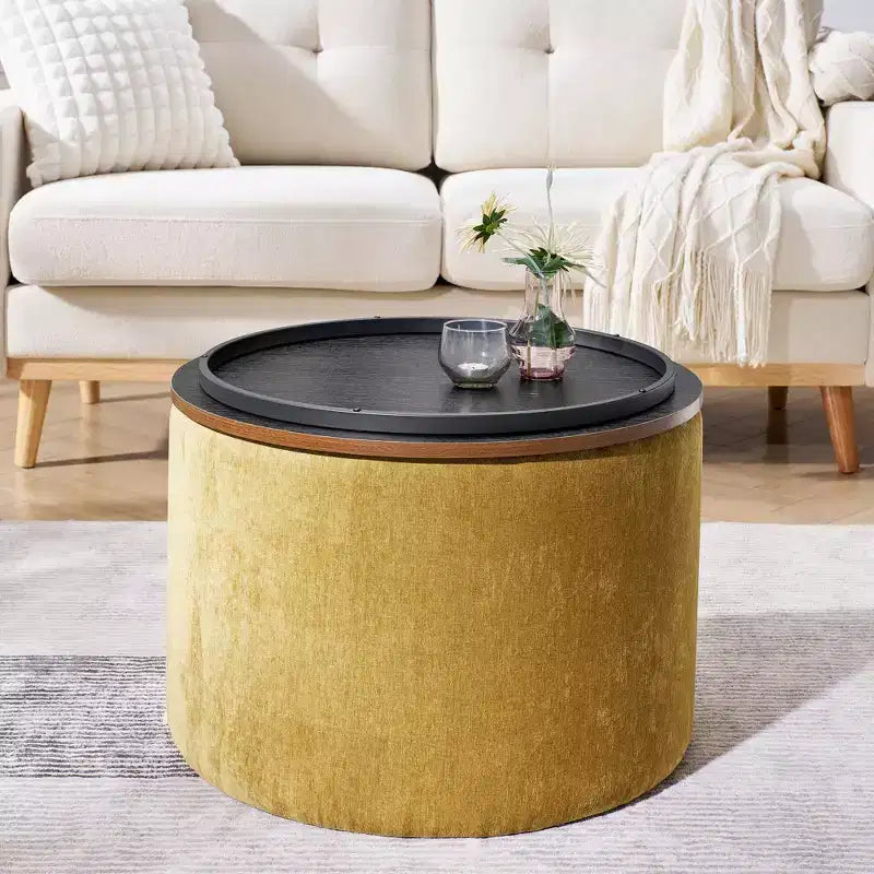 Banc Ottoman de Rangement Rond en Chenille 2 pièces, Table Basse avec Plateau, Petit Tabouret Repose-Pieds en Forme de Tambour pour Salon et Chambre