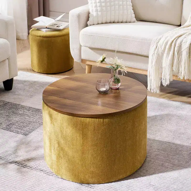 Banc Ottoman de Rangement Rond en Chenille 2 pièces, Table Basse avec Plateau, Petit Tabouret Repose-Pieds en Forme de Tambour pour Salon et Chambre