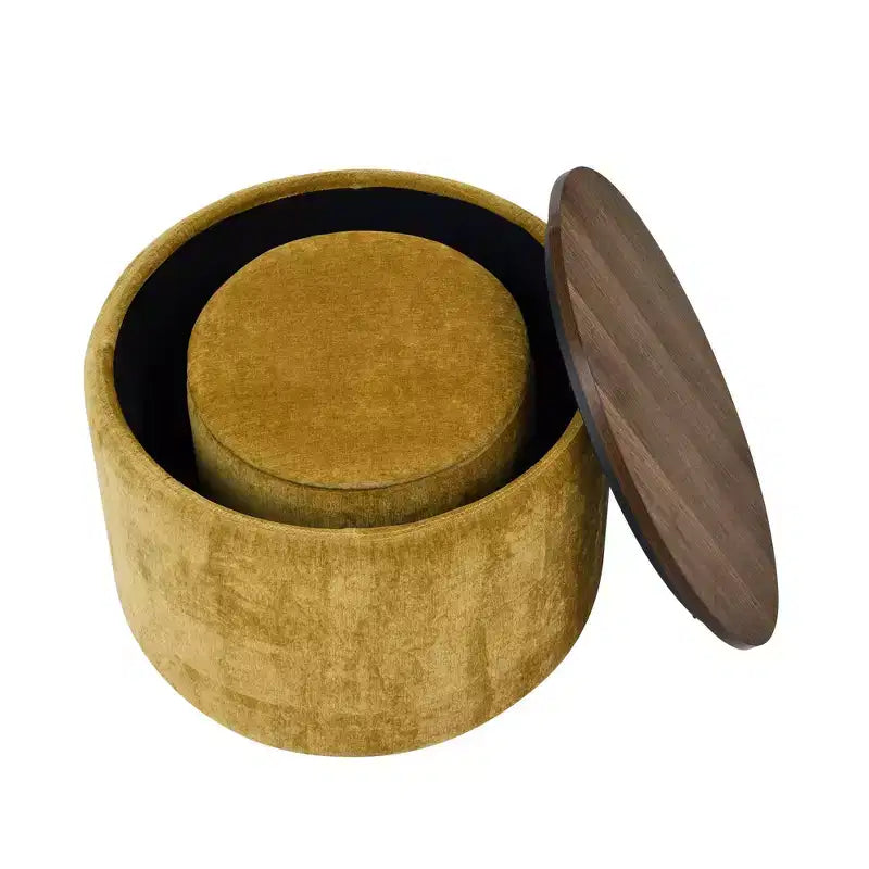 Banc Ottoman de Rangement Rond en Chenille 2 pièces, Table Basse avec Plateau, Petit Tabouret Repose-Pieds en Forme de Tambour pour Salon et Chambre