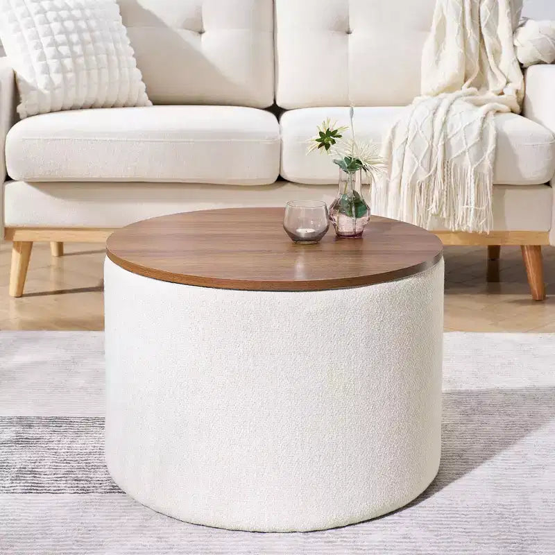 Banc Ottoman de Rangement Rond en Chenille 2 pièces, Table Basse avec Plateau, Petit Tabouret Repose-Pieds en Forme de Tambour pour Salon et Chambre