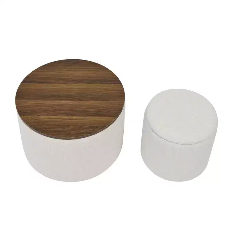 Banc Ottoman de Rangement Rond en Chenille 2 pièces, Table Basse avec Plateau, Petit Tabouret Repose-Pieds en Forme de Tambour pour Salon et Chambre