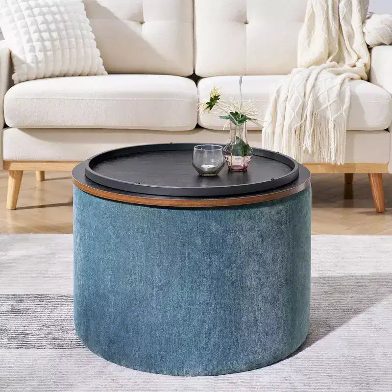 Banc Ottoman de Rangement Rond en Chenille 2 pièces, Table Basse avec Plateau, Petit Tabouret Repose-Pieds en Forme de Tambour pour Salon et Chambre