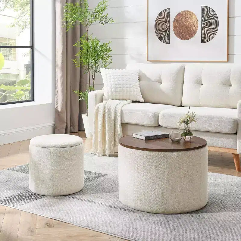 Banc Ottoman de Rangement Rond en Chenille 2 pièces, Table Basse avec Plateau, Petit Tabouret Repose-Pieds en Forme de Tambour pour Salon et Chambre