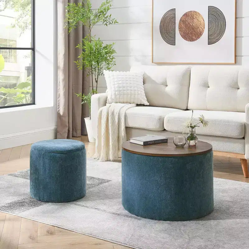 Banc Ottoman de Rangement Rond en Chenille 2 pièces, Table Basse avec Plateau, Petit Tabouret Repose-Pieds en Forme de Tambour pour Salon et Chambre