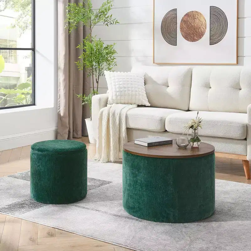 Banc Ottoman de Rangement Rond en Chenille 2 pièces, Table Basse avec Plateau, Petit Tabouret Repose-Pieds en Forme de Tambour pour Salon et Chambre