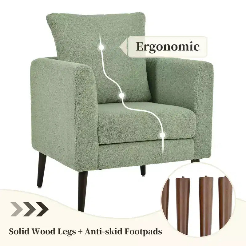 Fauteuil d'appoint en tissu fin, chaise de lecture pour salon avec revêtement doux et oreiller, fauteuil avec pieds en bois massif pour le salon ou la chambre à coucher