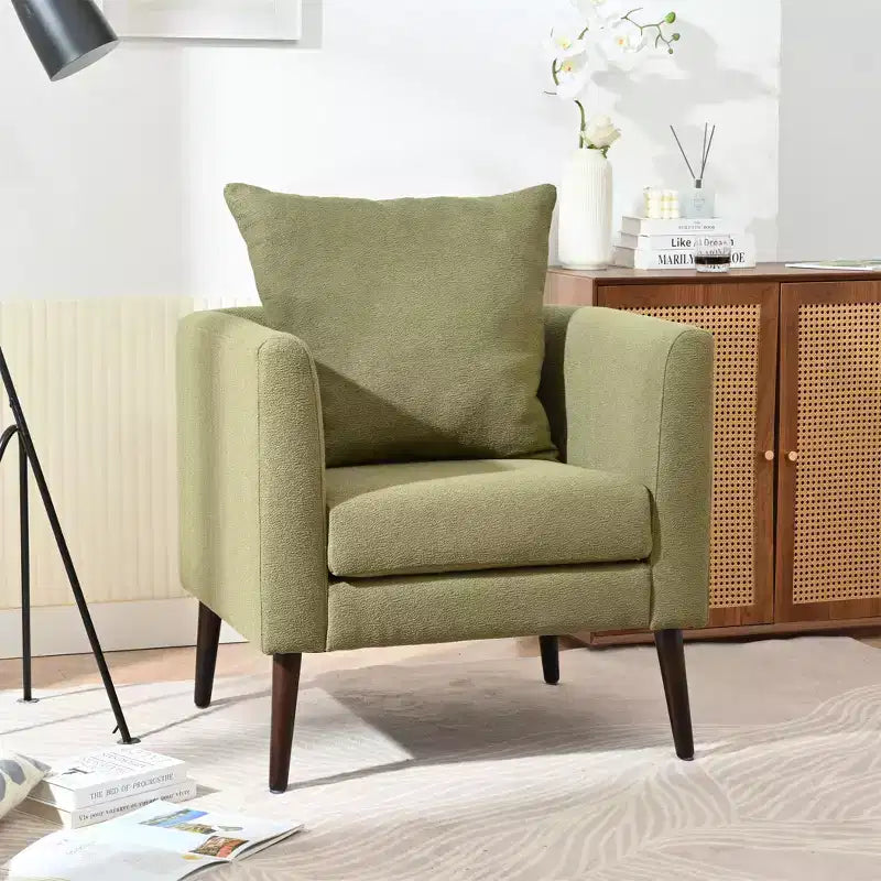 Fauteuil d'appoint en tissu fin, chaise de lecture pour salon avec revêtement doux et oreiller, fauteuil avec pieds en bois massif pour le salon ou la chambre à coucher