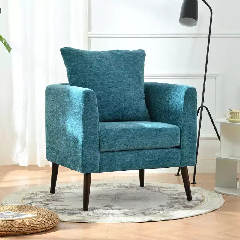 Fauteuil d'appoint en tissu fin, chaise de lecture pour salon avec revêtement doux et oreiller, fauteuil avec pieds en bois massif pour le salon ou la chambre à coucher