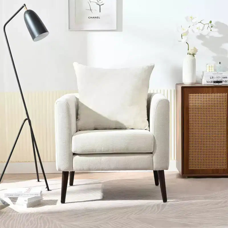 Fauteuil d'appoint en tissu fin, chaise de lecture pour salon avec revêtement doux et oreiller, fauteuil avec pieds en bois massif pour le salon ou la chambre à coucher