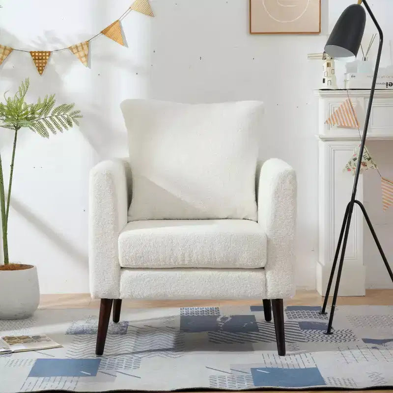 Fauteuil d'appoint en tissu fin, chaise de lecture pour salon avec revêtement doux et oreiller, fauteuil avec pieds en bois massif pour le salon ou la chambre à coucher