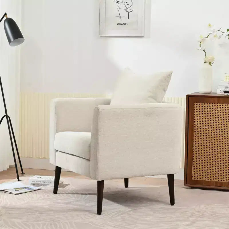 Fauteuil d'appoint en tissu fin, chaise de lecture pour salon avec revêtement doux et oreiller, fauteuil avec pieds en bois massif pour le salon ou la chambre à coucher