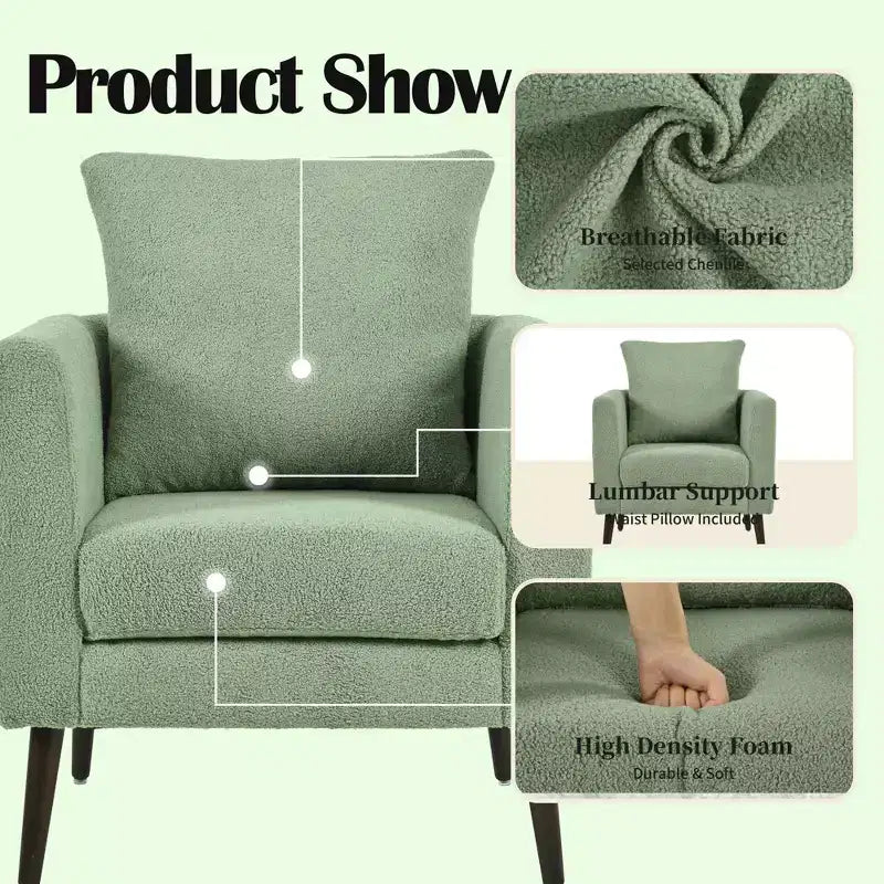 Fauteuil d'appoint en tissu fin, chaise de lecture pour salon avec revêtement doux et oreiller, fauteuil avec pieds en bois massif pour le salon ou la chambre à coucher