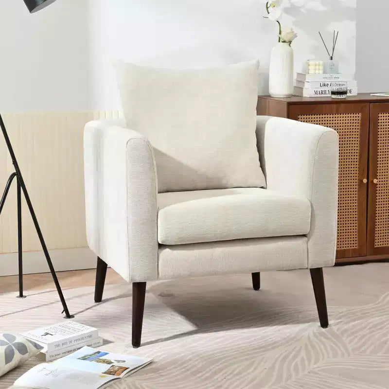 Fauteuil d'appoint en tissu fin, chaise de lecture pour salon avec revêtement doux et oreiller, fauteuil avec pieds en bois massif pour le salon ou la chambre à coucher