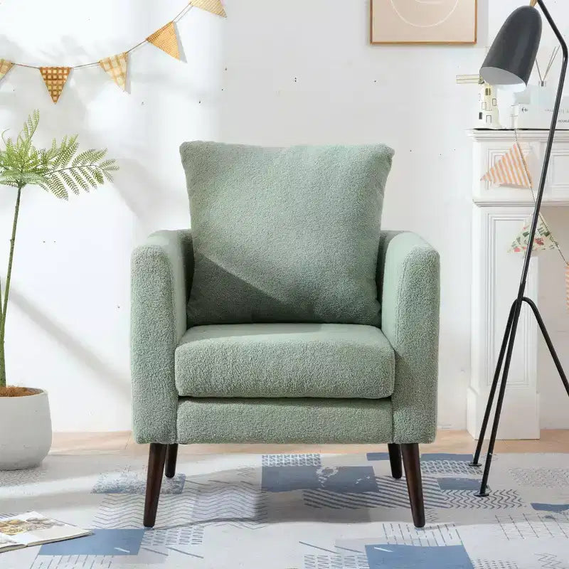 Fauteuil d'appoint en tissu fin, chaise de lecture pour salon avec revêtement doux et oreiller, fauteuil avec pieds en bois massif pour le salon ou la chambre à coucher