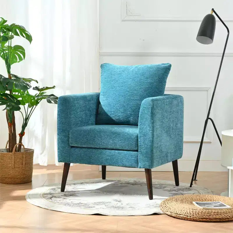 Fauteuil d'appoint en tissu fin, chaise de lecture pour salon avec revêtement doux et oreiller, fauteuil avec pieds en bois massif pour le salon ou la chambre à coucher