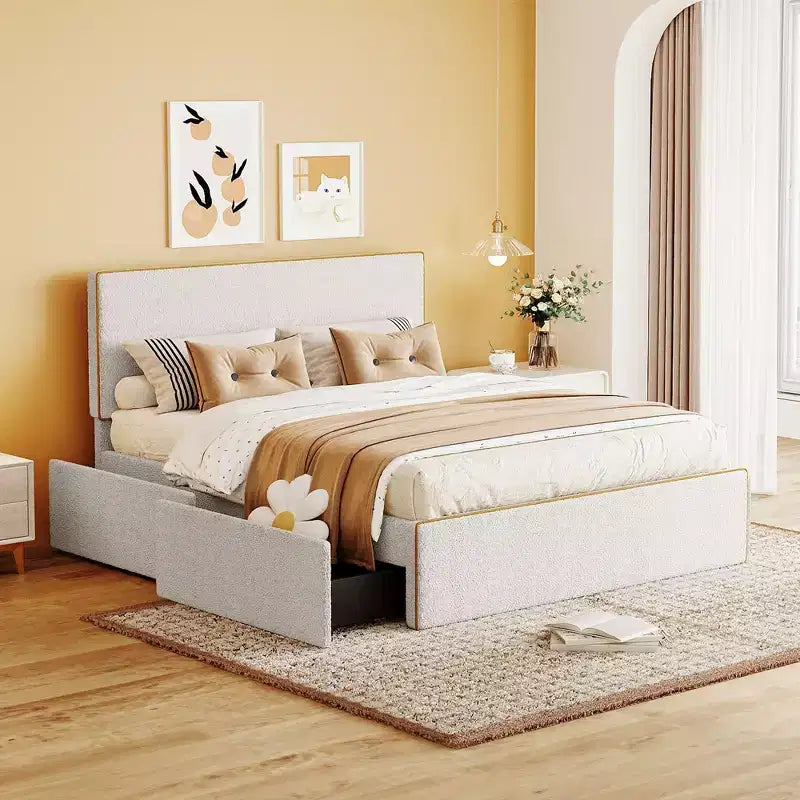 Okak Full/Queen Platform Bed Frame with 4 Drawers No Box Spring Needed Upholstered Bed with Gold Decoration Headboard & Footboard Easy to Assemble
