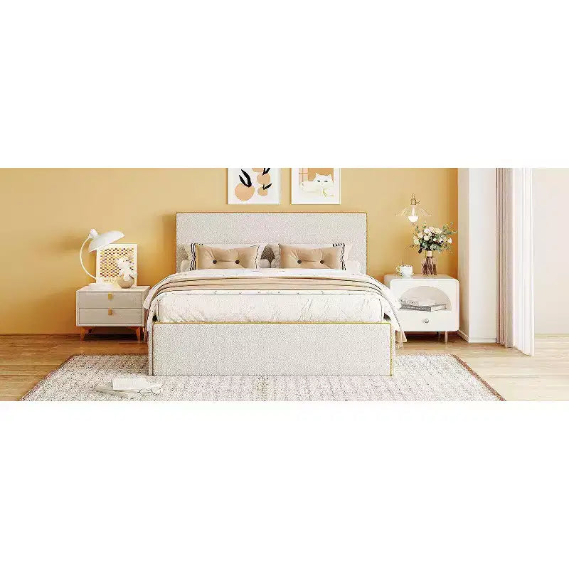 Cadre de lit plateforme grand lit/queen avec 4 tiroirs, aucun sommier tapissier requis, lit rembourré avec tête et pied de lit décorés en or, facile à assembler.