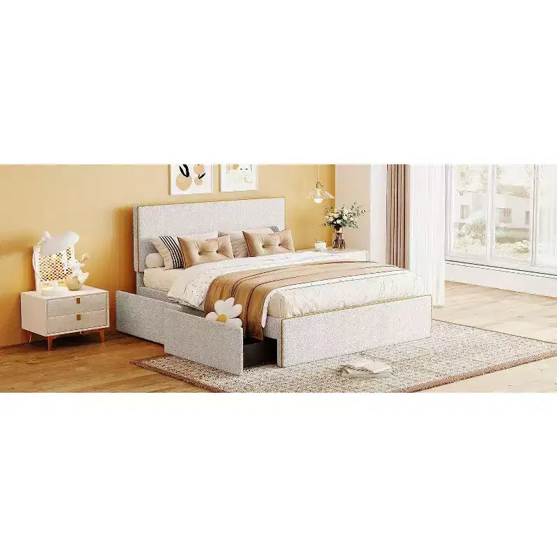 Cadre de lit plateforme grand lit/queen avec 4 tiroirs, aucun sommier tapissier requis, lit rembourré avec tête et pied de lit décorés en or, facile à assembler.