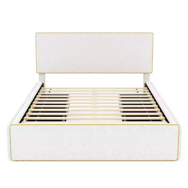 Cadre de lit plateforme grand lit/queen avec 4 tiroirs, aucun sommier tapissier requis, lit rembourré avec tête et pied de lit décorés en or, facile à assembler.