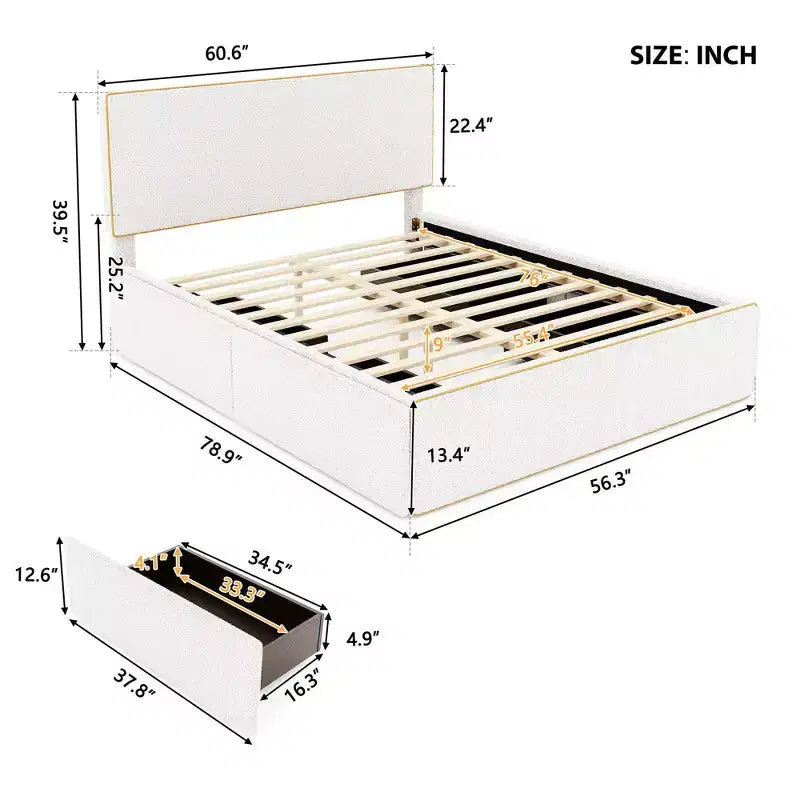 Cadre de lit plateforme grand lit/queen avec 4 tiroirs, aucun sommier tapissier requis, lit rembourré avec tête et pied de lit décorés en or, facile à assembler.